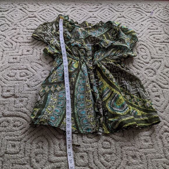 Ruffle cotton silk top abstract print green Large @K1 - Picture 11 of 13